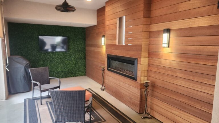 Modern outdoor lobby with wood-paneled accent wall made of wooden claddings.