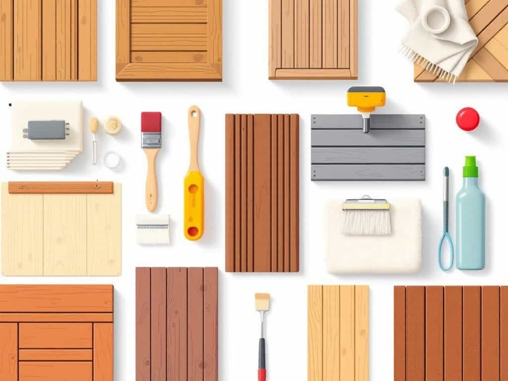 Wood and composite decking samples with tools and finishes