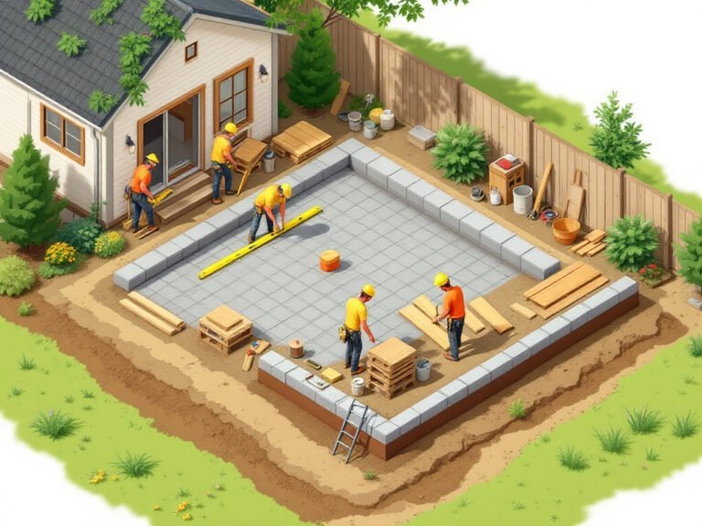 Illustration of workers excavating and leveling a backyard deck site