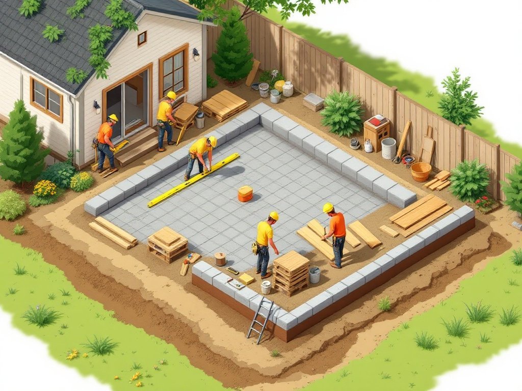 Illustration of workers excavating and leveling a backyard deck site