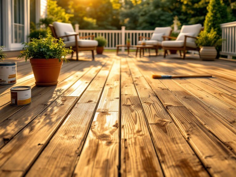 Sunlit wood deck with outdoor seating and potted flowers