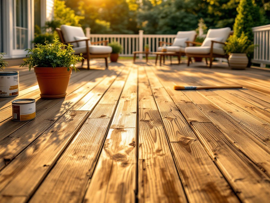 Sunlit wood deck with outdoor seating and potted flowers
