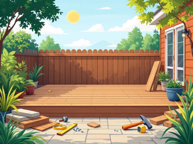 Illustration of a backyard wood deck under construction with tools on the boards