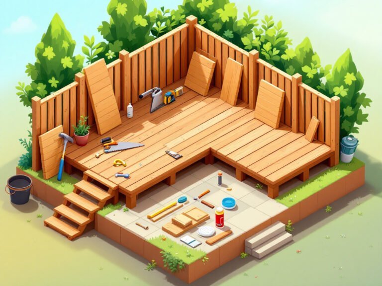 Illustration of deck footings and framing in a backyard