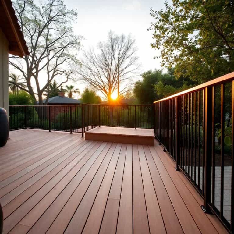 Dark wood deck with black railing at sunset