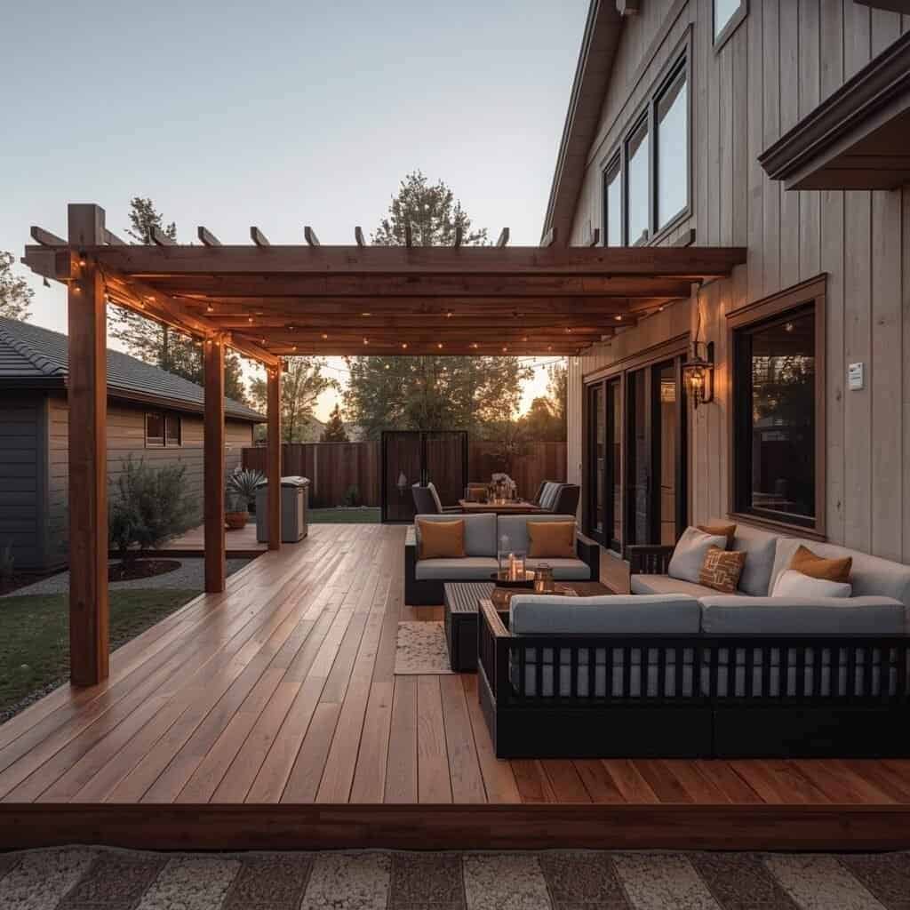 Cedar wood deck with a pergola and furniture 