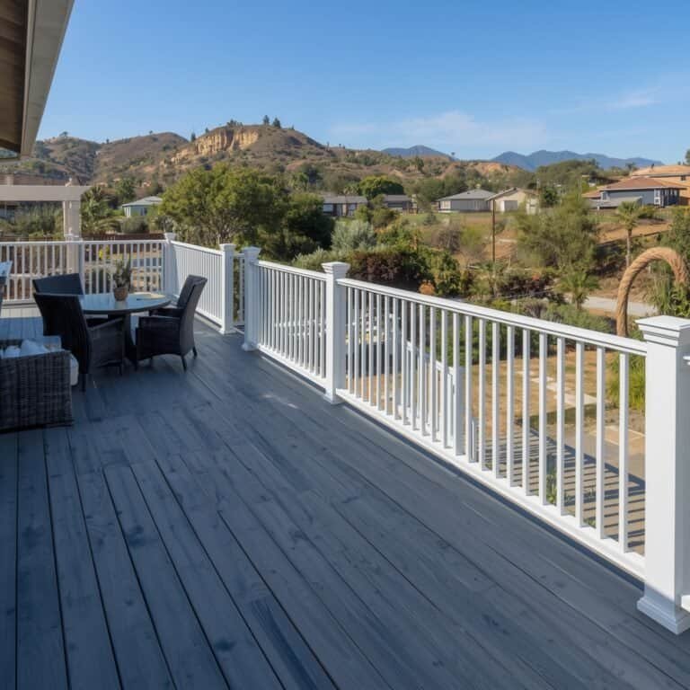Gray composite deck with white vinyl railings overlooking the hills