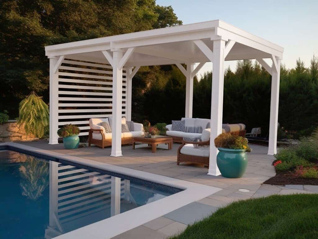 White aluminum cabana by IntelliShade with slat walls beside a pool