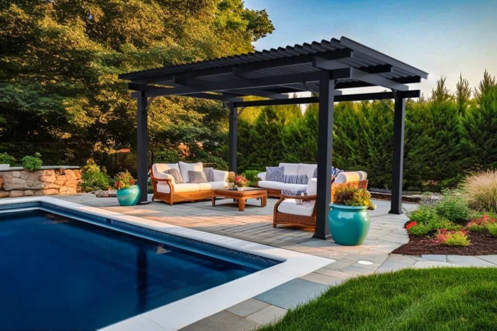 Black motorized louvered aluminum pergola by IntelliShade beside a backyard pool